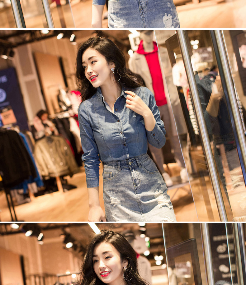 Áo sơ mi nữ denim tay dài phiên bản Hàn Quốc 2017 xuân mới cotton sơ mi denim nữ giản dị mới 2018 áo công sở đẹp