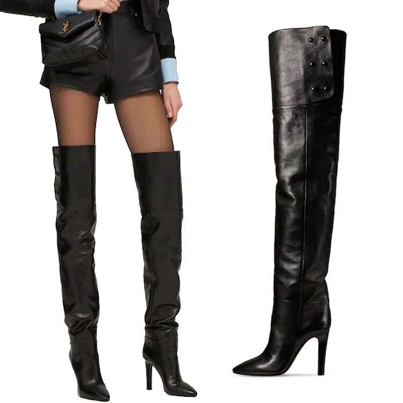 European and American Fashion Show High-Heeled Studded Long Boots for Women, Genuine Leather Pointed Toe Stiletto High Boots, Slimming Leather Boots, Over-The-Knee Boots