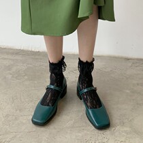 Art retro style ~ self-staying strong ink green square head coarse heels with Mary Jane shoes in a small leather shoe heel