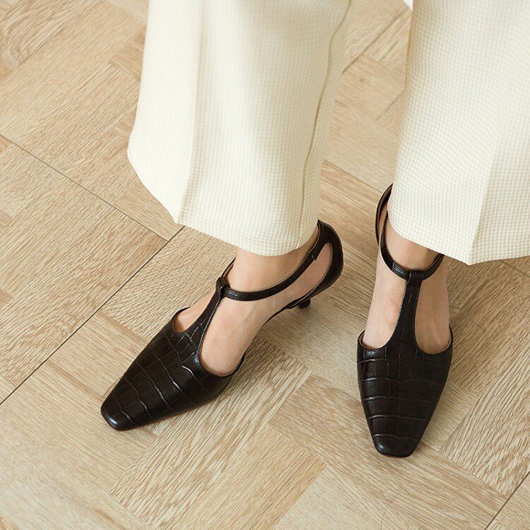 Fa-style retro wind ~ Giant comfortable square head T type with Mary Jane shoes genuine leather cat heel with lady Single shoe 100 lap