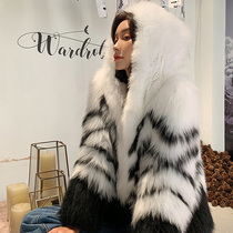  UPFURS fox hair woven fur jacket womens short hooded black and white contrast young 2021 winter new