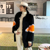  Fox hair woven fur coat female mid-length contrast color thin long sleeves Korean version of young fashion 2021 winter new