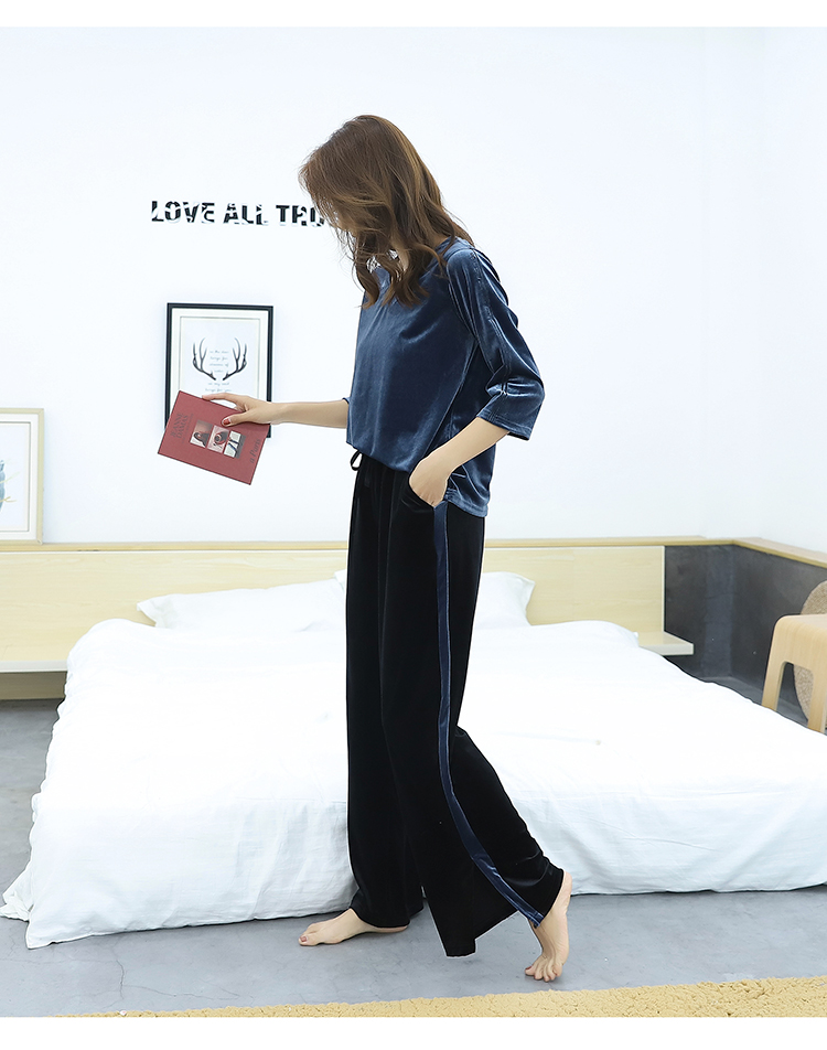 Đồ ngủ nữ mùa thu đông 2018 phiên bản Hàn Quốc của quần nhung vàng cổ chữ V giản dị phục vụ nhà dài tay mùa xuân và bộ đồ mùa thu mặc bộ đồ mặc nhà phong cách Hàn Quốc
