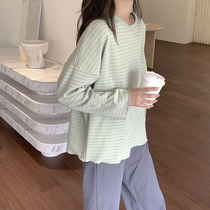 New delsuede striped pyjamas woman autumn and winter long sleeve suit round collar loose sleeve head casual thickened home outwear