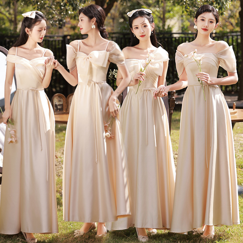 Satin Bridesmaid Dress for Women 2024 New Winter Long Style Slimming Dress That Can Be Worn Casually, Sister Group Dress in Champagne Color