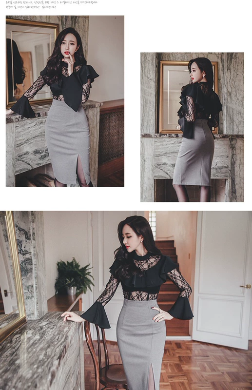 Đầm ren 2019 mùa xuân gợi cảm của phụ nữ siêu cổ tích nước ngoài áo sơ mi voan nhỏ phối cảnh đầm ren thắt đáy