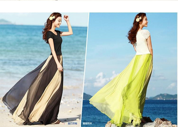 Đầm lụa vàng nửa dài mùa xuân đôi màu sắc phù hợp với áo ba lỗ xếp li cổ tích bãi biển hai chiếc váy xòe lớn mùa hè - Váy chân váy midi dài