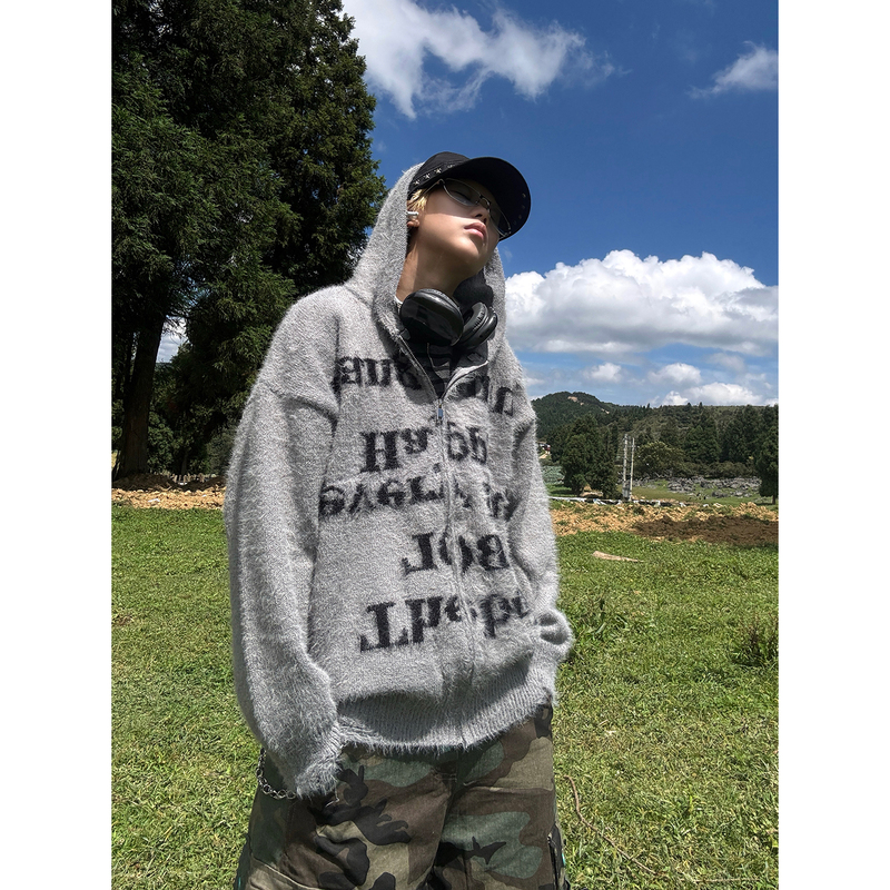 Eat Letter Jacquard Hooded Zip-Up Cardigan Mink Sweater for Men and Women, Autumn and Winter, Lazy and Comfortable Couple Knit Jacket Eat Letter Jacquard Hooded Zip-Up Cardigan Mink Sweater for Men and Women, Autumn and Winter, Lazy and Comfortable Couple Knit Jacket