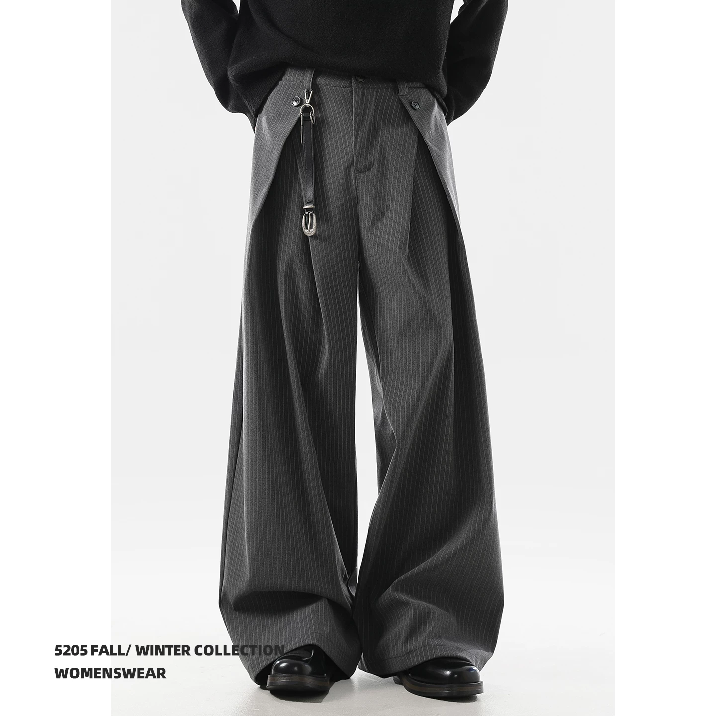 ACRARDIC2026 old money style gray pleated A-line wide-leg trousers for men and women silhouette commuting striped casual pants