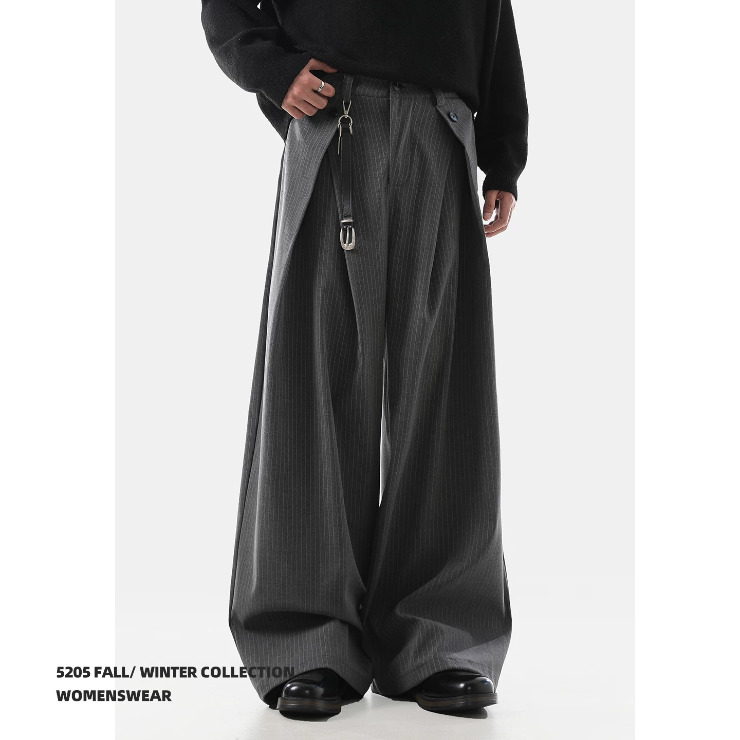 ACRARDIC2026 old money style gray pleated A-line wide-leg trousers for men and women silhouette commuting striped casual pants