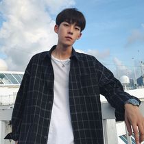  @Fangshao mens clothing Hong Kong style autumn mens brushed plaid long-sleeved shirt Korean loose small fresh shirt trend