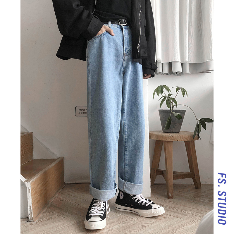 @ side less men's port wind retro loose water washed wide-legged jeans men straight cylinder student trend casual pants