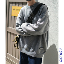 @ side less mens fall pure color round collar sweater mens lazy loose Korean version trendy 100 hitch-knitted sweatshirt jacket