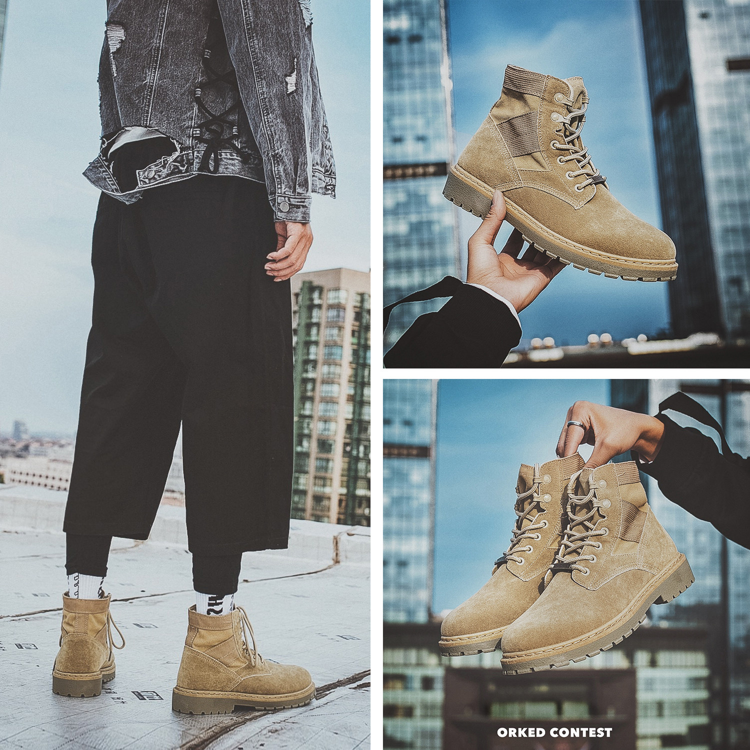 方少男装日系秋靴子男士英伦马丁靴青年高帮复古百搭休闲沙漠靴潮