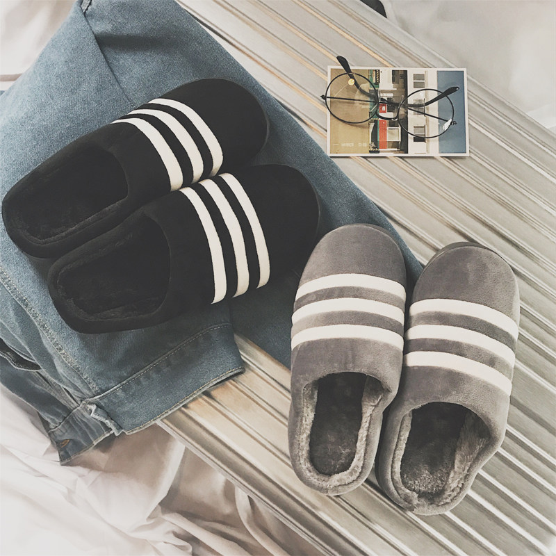 方少男装2017秋冬新款时尚居家男女情侣拖鞋加绒条纹棉拖潮流鞋子