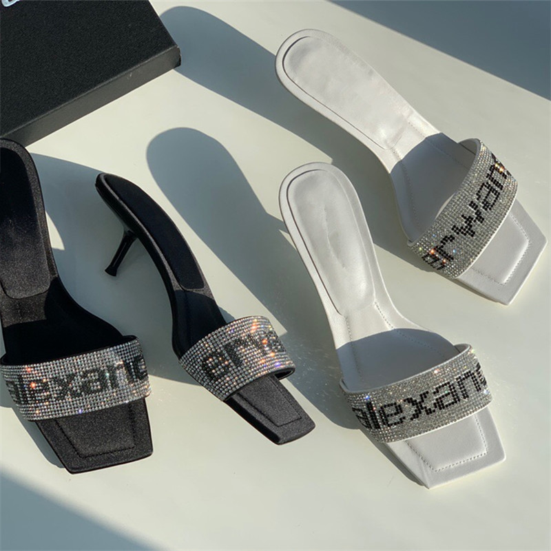 King Kitten Heel Rhinestone Sandals Women's Stiletto Heel Straight Open Toe Square Toe Genuine Leather Slippers