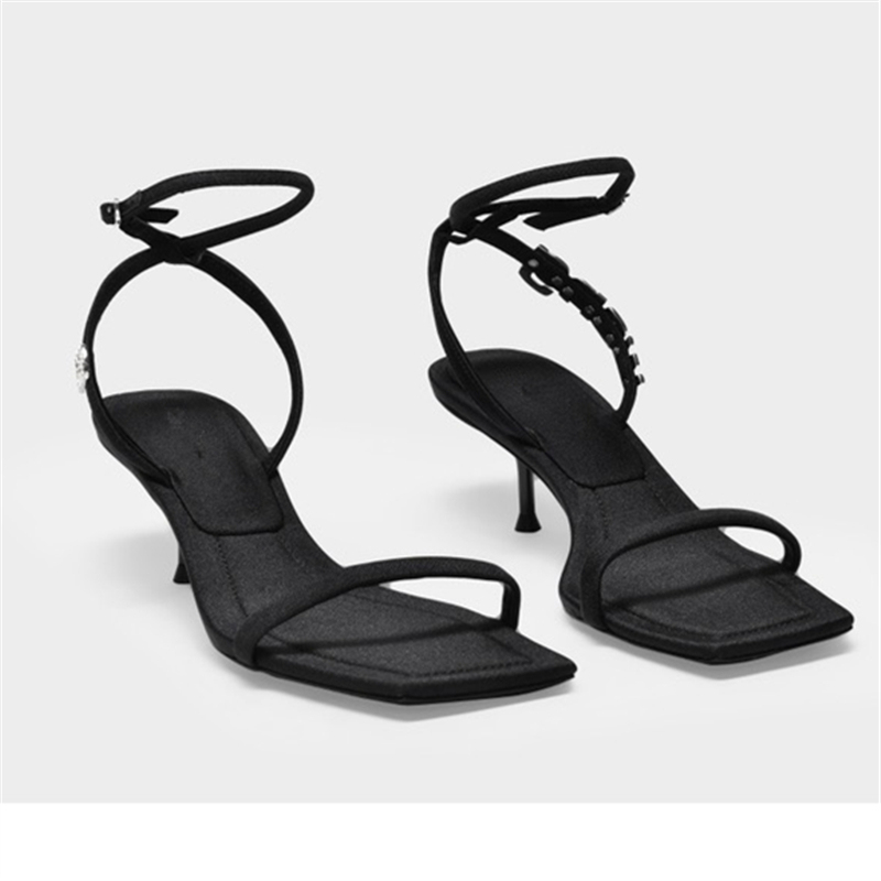 2026 New King Stiletto High Heel Rhinestone Sandals for Women with Ankle Strap, Open Toe, Genuine Leather Sole, Fashionable Thin Strap Mid-Heel