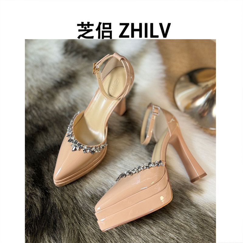 Zhilu New Patent Leather Rhinestone High Heels for Women, Chunky Heel, Waterproof Platform, Summer Ankle Strap, Pointed Toe, Nude Sandals