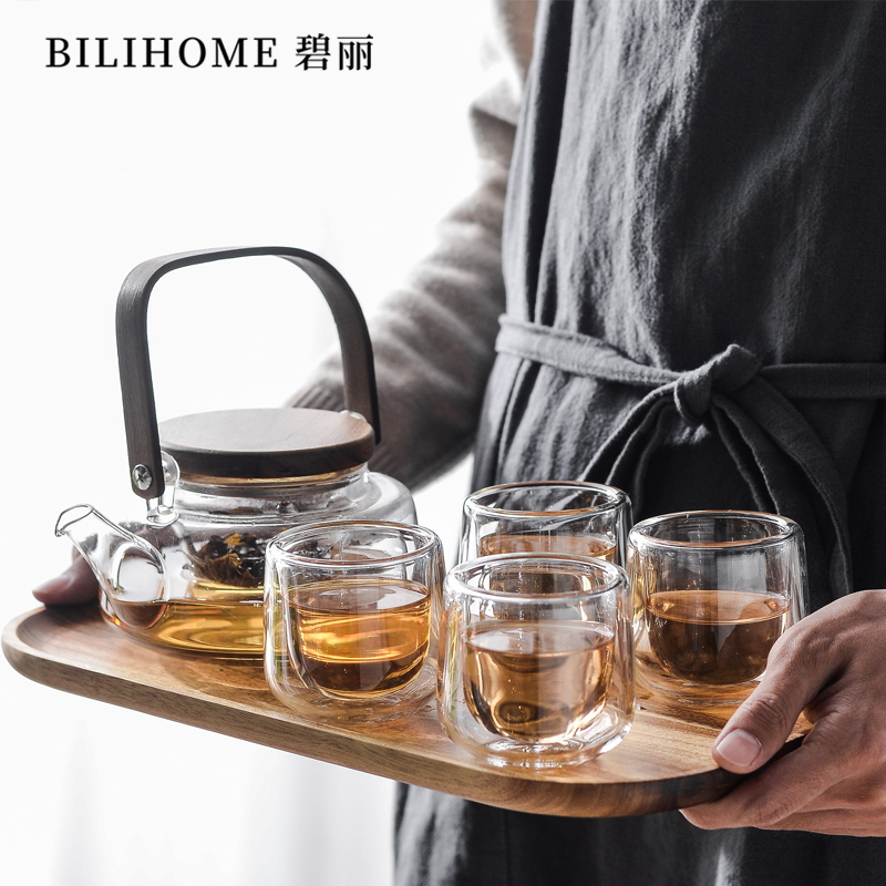 Japanese simple double layer bubble flower teacup set afternoon camellia fruit teapot home boiling tea glass kettle resistant to high temperatures