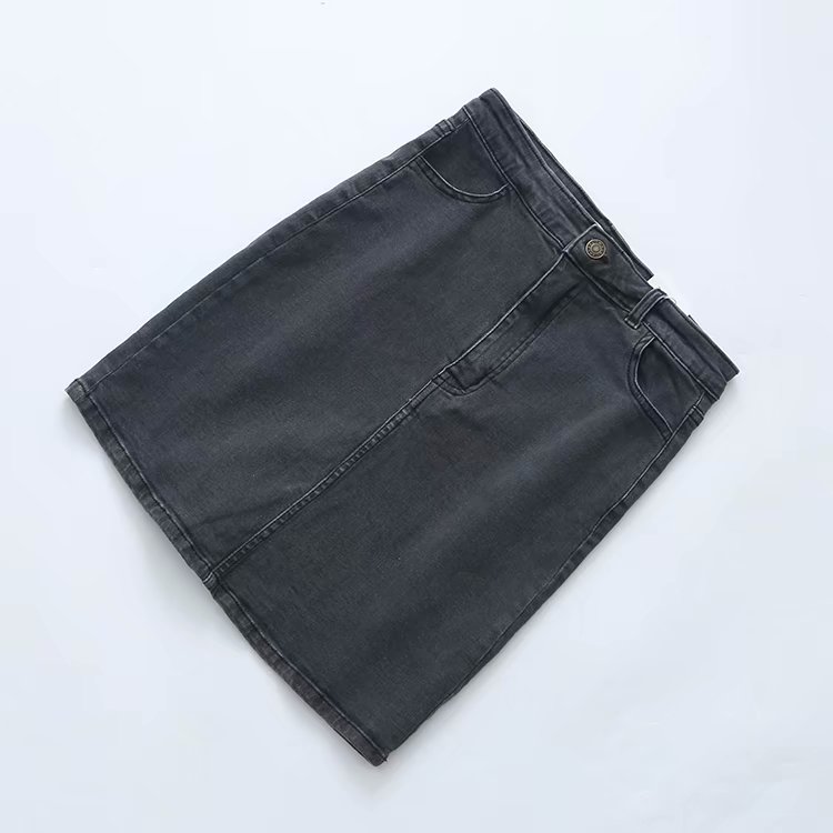 Châu Âu và Hoa Kỳ eo cao thon cao váy denim co giãn chân ngắn khoe túi hông váy bước chân váy denim - Váy chân váy xẻ tà