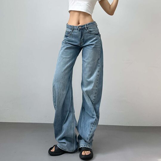 2025 new style staggered stitching twisted pleated low-waist scimitar jeans loose slimming wrinkled trousers stacked trousers