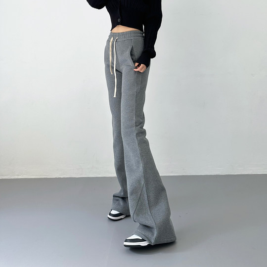European and American style elastic high-waisted streamers slightly flared velvet sweatpants sports pants flared pants slim floor-length casual pants for women