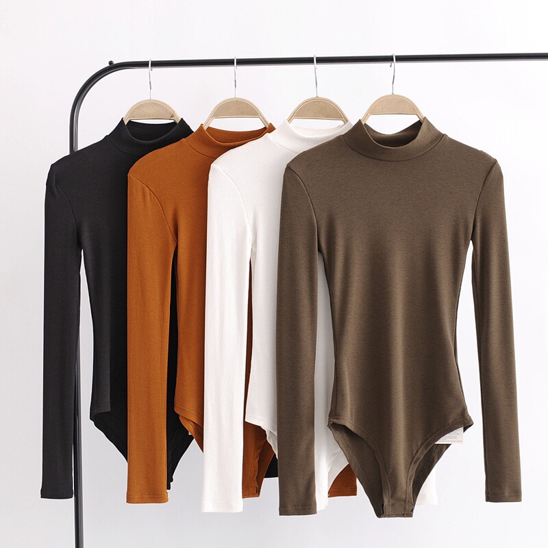 2024 Early Spring New Slim-Fit Versatile Half-High Collar Long-Sleeve Bodysuit with Snap Buttons, Ribbed T-Shirt for Women