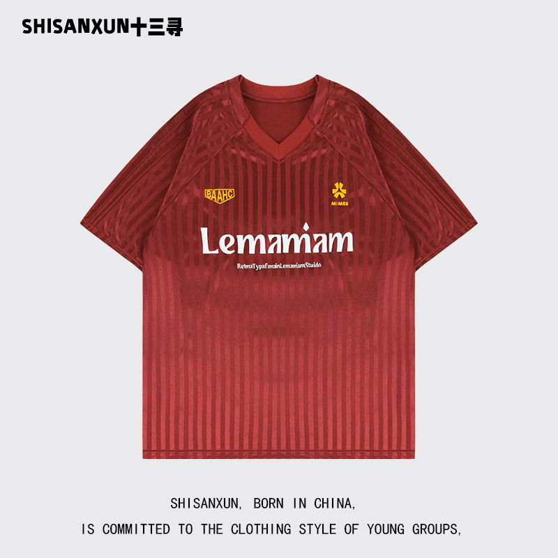 Shisanxun American Retro Jersey Football Short-Sleeved T-Shirt Striped Breathable Letter Jersey V-Neck Top for Men and Women