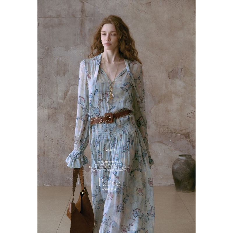P.Tree【Tong Liya's Style】 "Misty Blue Jacaranda" Nomadic Style 100% Viscose Rayon Dress