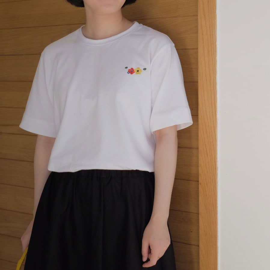 jobbo flower embroidery short sleeve T-shirt summer pure cotton white maiden summer round collar 100 lap sweets and art