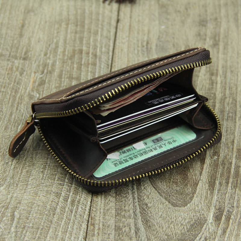 Crazy horse leather zipper cowhide card bag multifunctional retro coin purse driver's license bag large capacity multi-card card bag