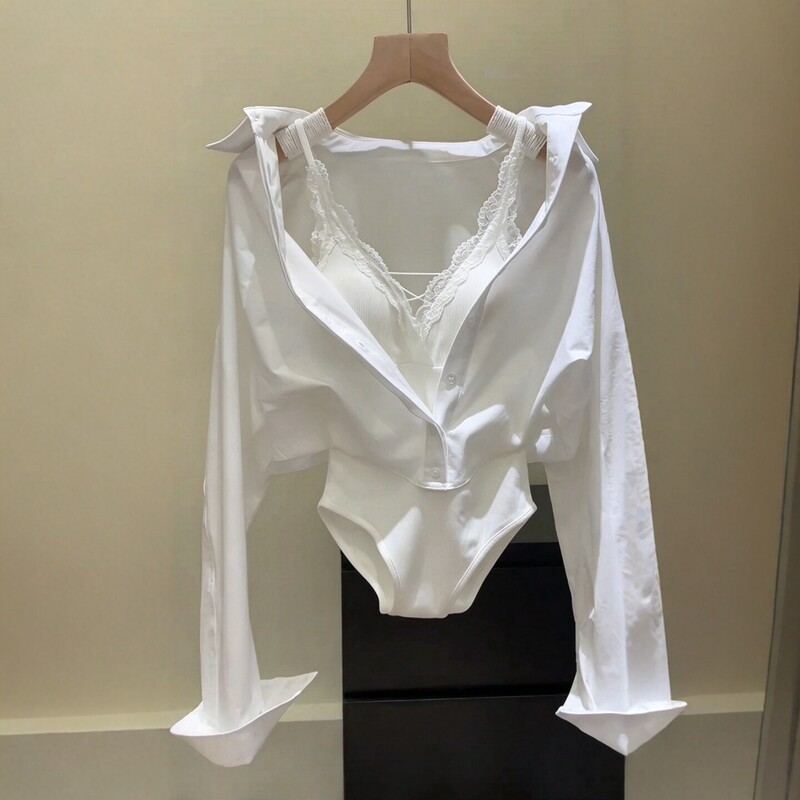 Trendy Hot Girl V-Neck Lace-Trimmed One-Piece Shirt for Women, New Autumn White Patchwork Shirt, Elegant Waist-Cinching Top