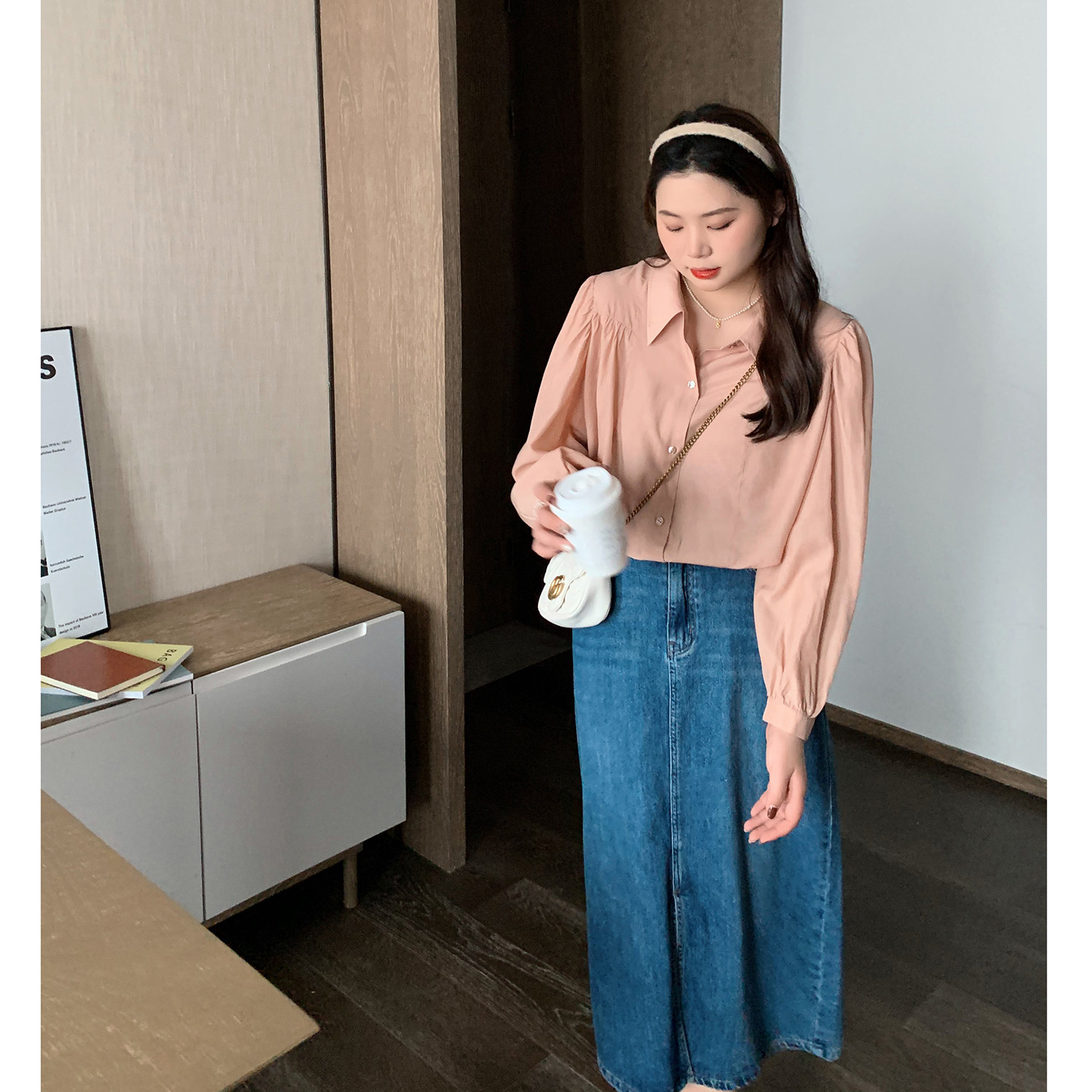 ALIN customized large size size fat mm early spring temperament blouse with slim cover 200 catty Blister sleeve t shirt woman