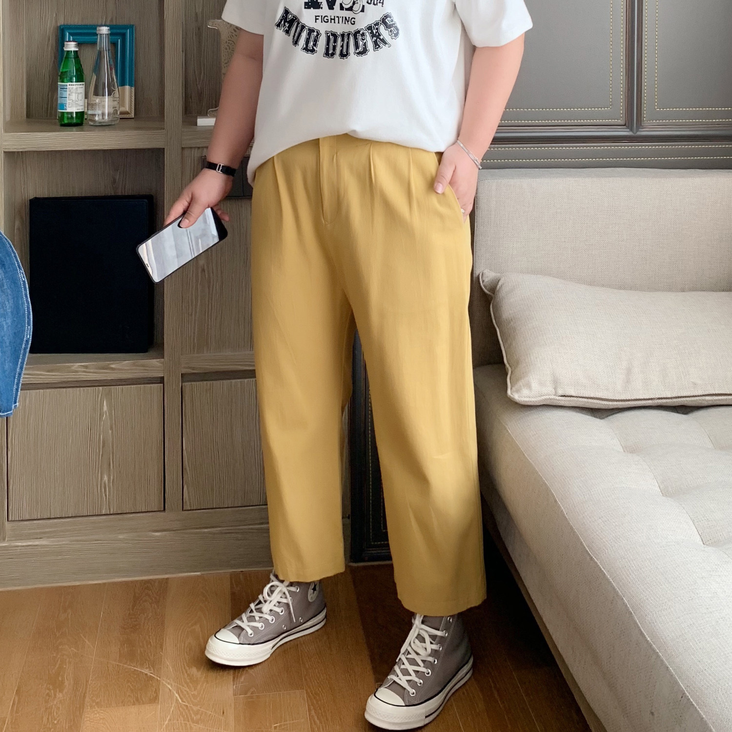 ALIN custom large size women's high waist casual pants fat mm 200 catties spring and autumn cover the crotch and legs thick straight loose pants