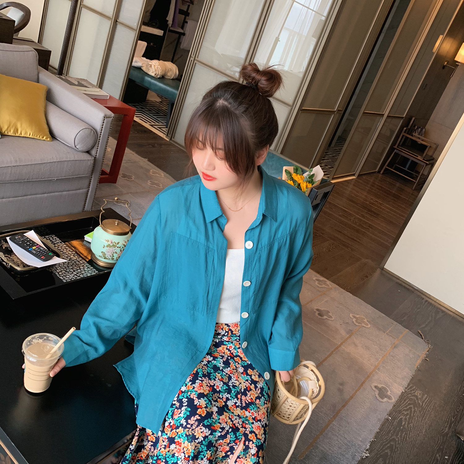 ALIN Customized large size women's dress pure color turned collar shirt 2020 spring and summer new loose slim fit sunscreen