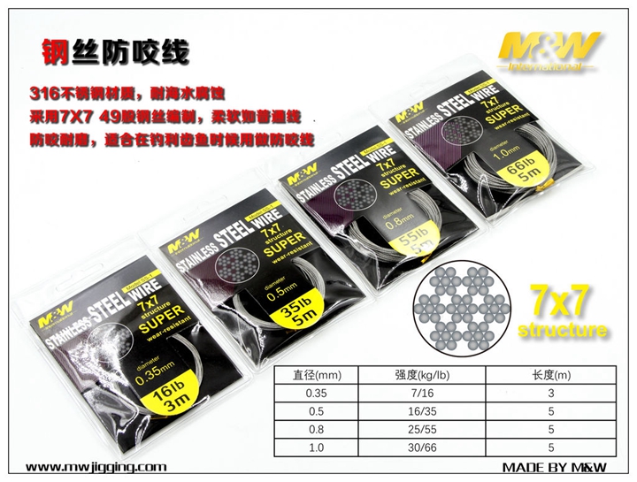 MW steel wire bite line 7*7 49 strands of steel wire braided against sharp-toothed fish used as bite line