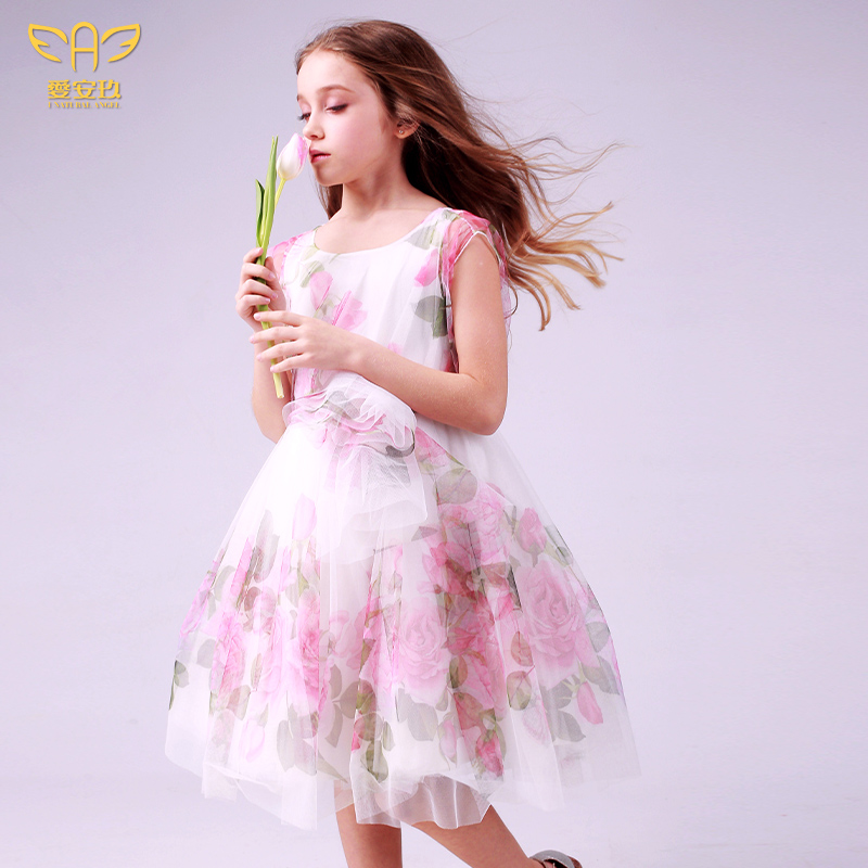 Aianjiu spring and summer little girl princess dress foreign style puffy children's dress small floral girl gauze dress performance costume