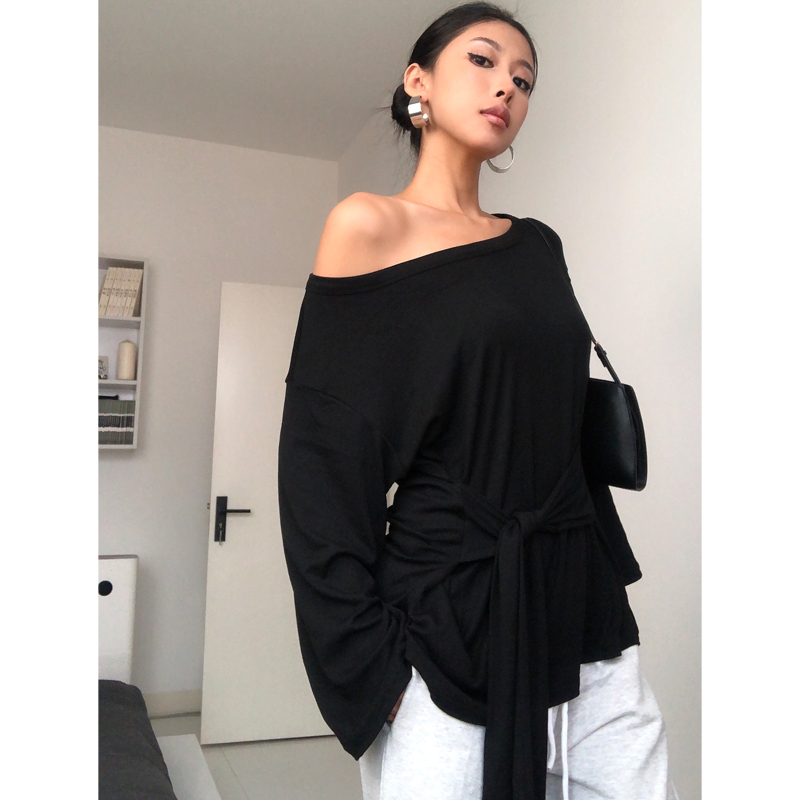 A Bean Abg Spicy Girl Niche Design Asymmetrical Shoulder Cinched Waist Tie Long-Sleeve T-Shirt with a Relaxed Drape and Off-Shoulder Top A Bean Abg Spicy Girl Niche Design Asymmetrical Shoulder Cinched Waist Tie Long-Sleeve T-Shirt with a Relaxed Drape and Off-Shoulder Top
