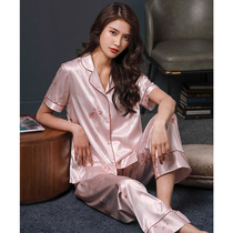 Sleepwear Woman Short Sleeve Ice Silk Summer Long Pants Home Conserved Summer Thin-style Imitation Silk Suit Loose two sets