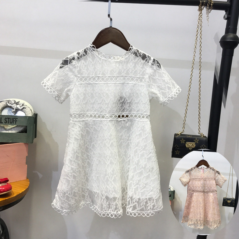 Girl Ocean Dress Children Summer Dress 2020 New Lace Dress Korean Version Pure Color Short Sleeve A-word Dress Girl Princess Dress