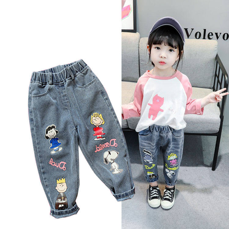 Spring and Autumn Girls Cartoon Printed Jeans Network Red Boys and Girls Leisure Pants Han Children's Clothing in Large Children's Clothing
