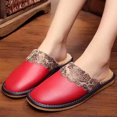 Men and women home warm cotton slippers autumn and winter couples indoor wood floor non-slip home home leather slippers
