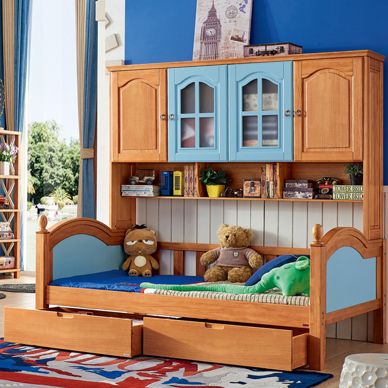 American All-wood Children Wardrobe Bed Combined Bed Boy Multifunction Cabinet Bed Integrated Bed High Case Storage With Bookshelf