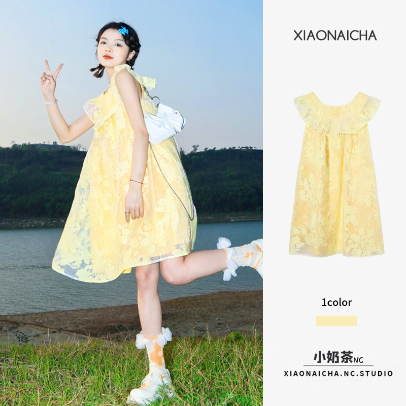 Summer New Style French Sweet Yellow Ruffled Dress for Petite Women, Loose and Slimming, Doll Collar Short Skirt