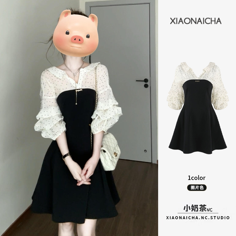 French Retro Fake Two-Piece Polka Dot Shirt Dress for Women, New Autumn Style, Waist-Cinching, Slimming, Ruffled Sleeves, A-Line Short Skirt