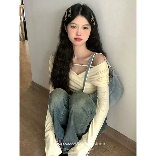 Сексуальное термобелье, базовый приятный телу лонгслив, французский стиль, открытые плечи, осеннее, V-образный вырез