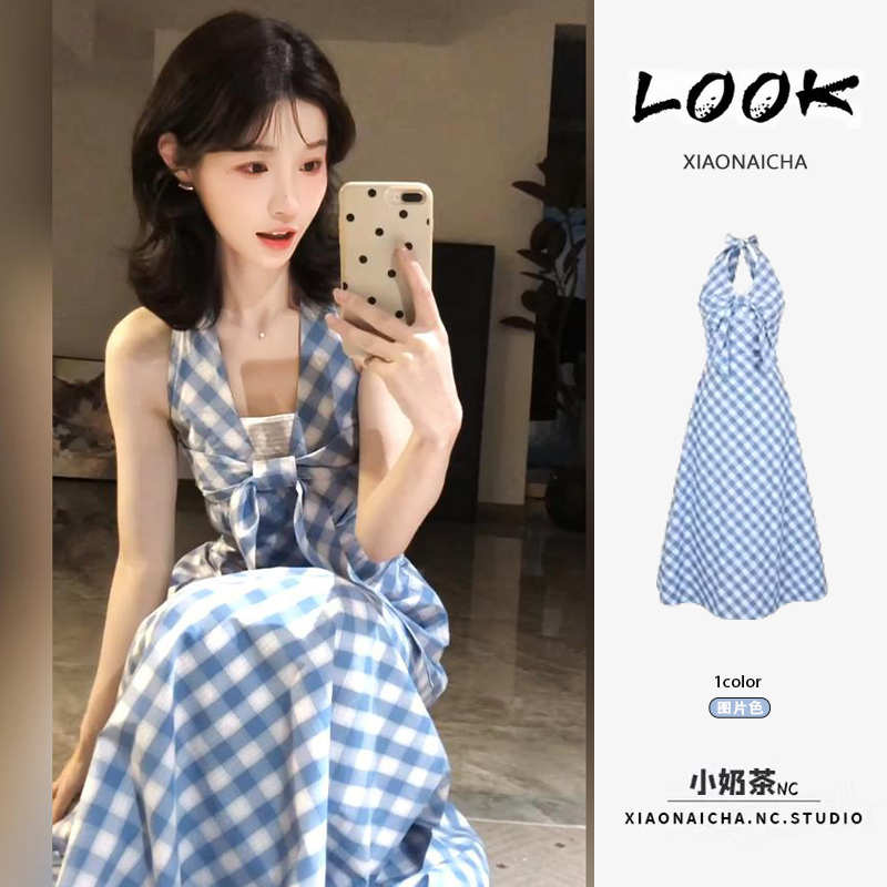 French Retro Blue Plaid Halterneck Dress for Women, Summer Seaside Resort Style, Sleeveless, Waist-Cinching, Slimming Long Dress