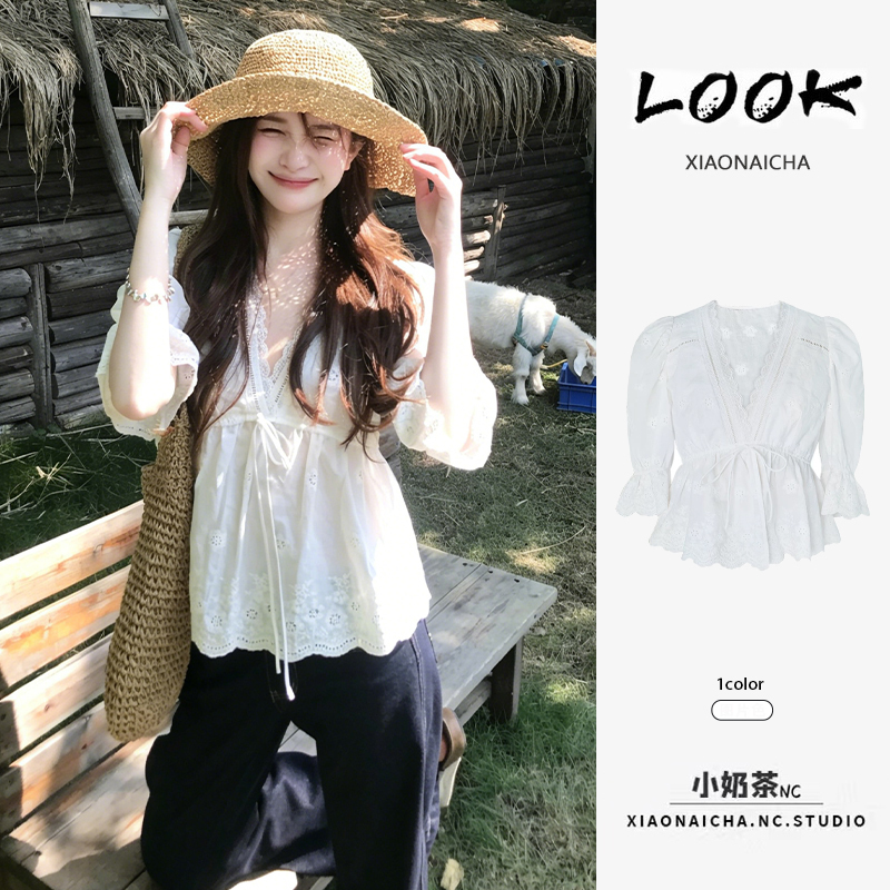 Korean-Style Girly White Embroidered Lace Bell-Sleeve Shirt for Women, Summer Design, Slimming Waist-Cinching Tie-Up Top