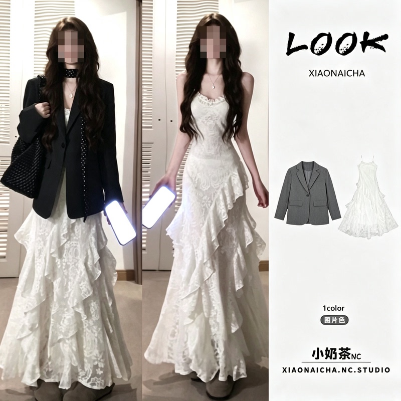 Korean-Style White Lace Suspender Dress for Women Early Autumn 2026 New Fashion Commuter Suit Jacket Two-Piece Set Korean-Style White Lace Suspender Dress for Women Early Autumn 2026 New Fashion Commuter Suit Jacket Two-Piece Set