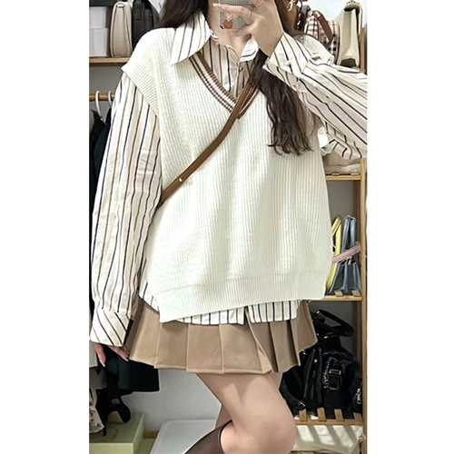 Осенний ретро трикотажный жилет, рубашка, юбка, комплект, 2023, подходит для подростков, 3 предмета